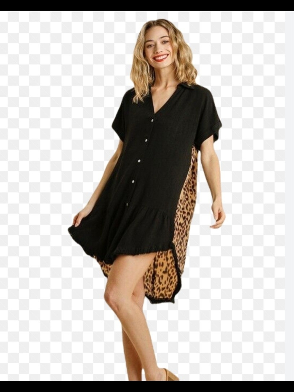 Umgee Red Shirt Dress with Leopard Side Panels